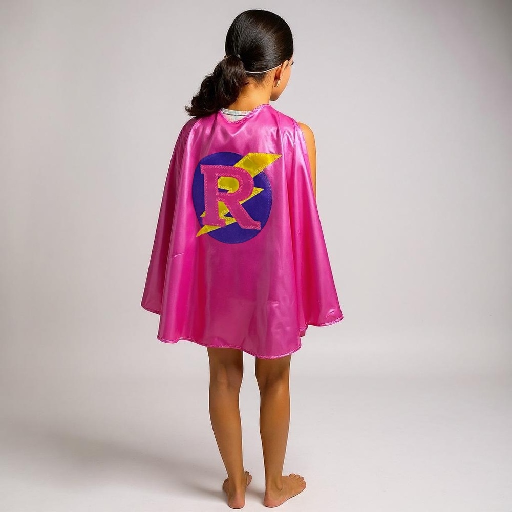 Handmade Pink & Purple Kids Superhero Cape Set - Letter 'R' - Ages 4-7